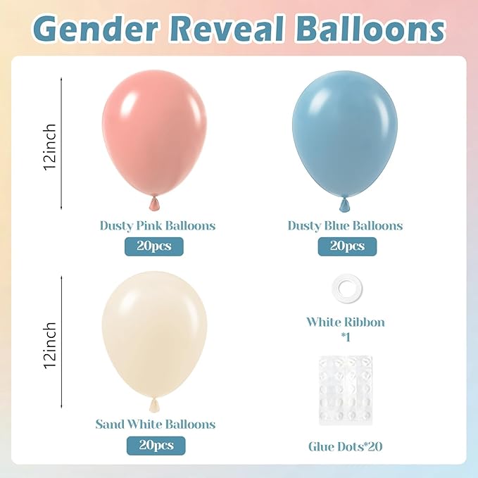 60pcs Gender Reveal Balloons, Dusty Pink Dusty Blue Sand White