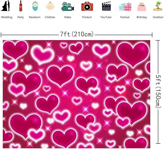 Hot Pink Heart Photo Backdrop 10x8FT Galentines Day Decorations