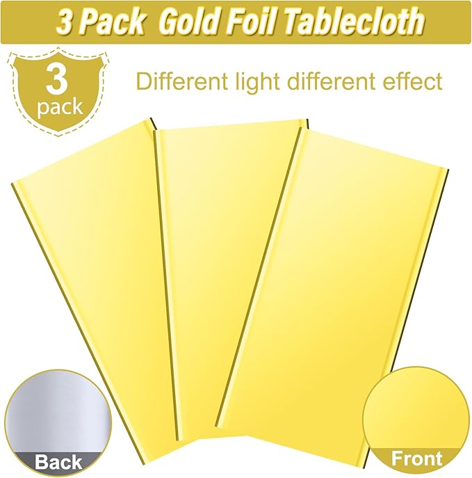 3 Pack Gold Plastic Tablecloth, Disposable Rectangle Table Covers,