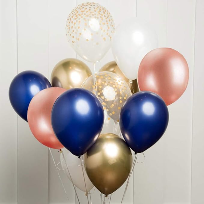 68 Pack Navy Blue Rose Gold Confetti Latex Balloons, 12 inch Birthday