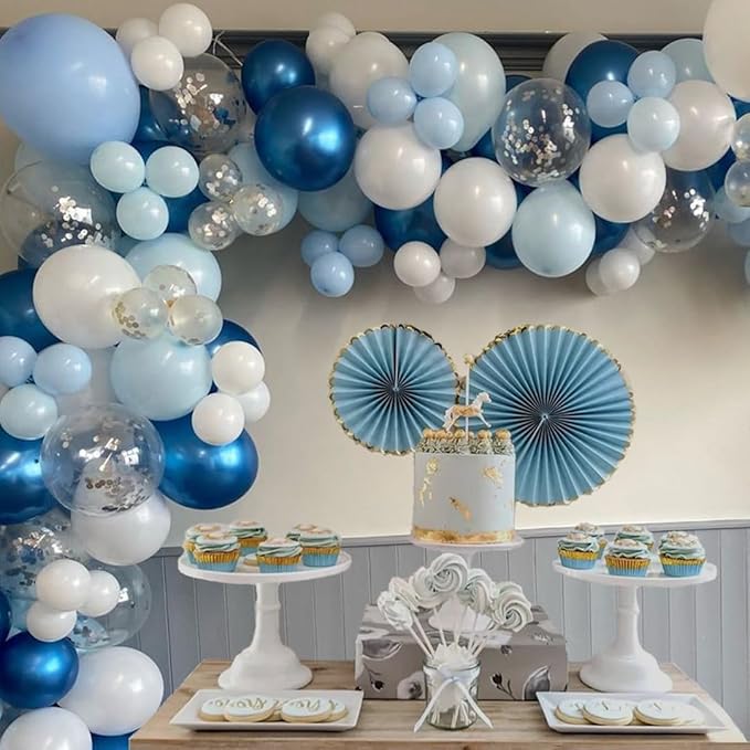 Blue White Balloons Set, 60 Pcs 12 Inch Metallic Chrome Blue Pearl