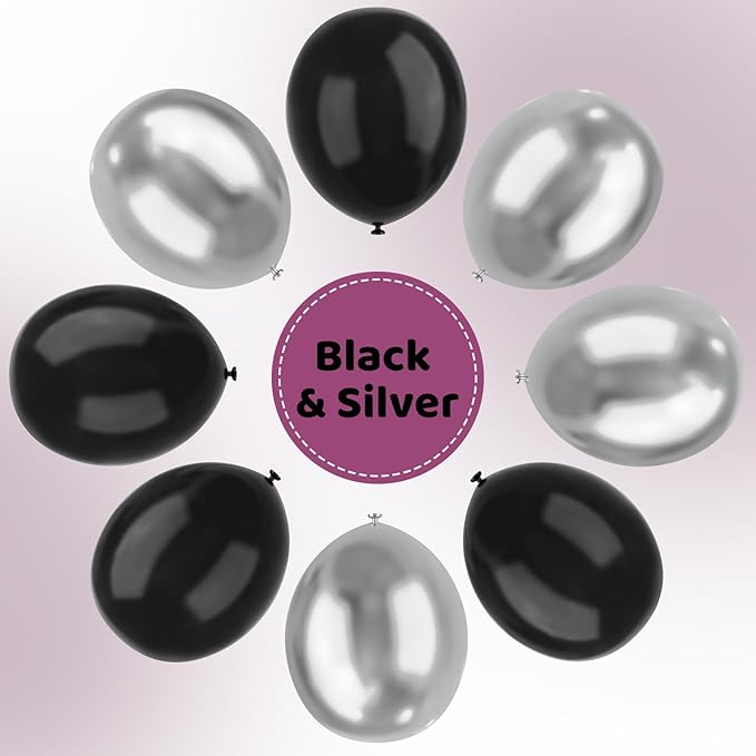 Black and Silver Balloons, 67pcs 12 Inch Metallic Silver and Black