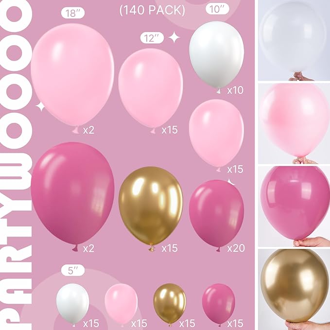PartyWoo Pink and Gold Balloons, 140 pcs Pastel Pink and Chrome Gold