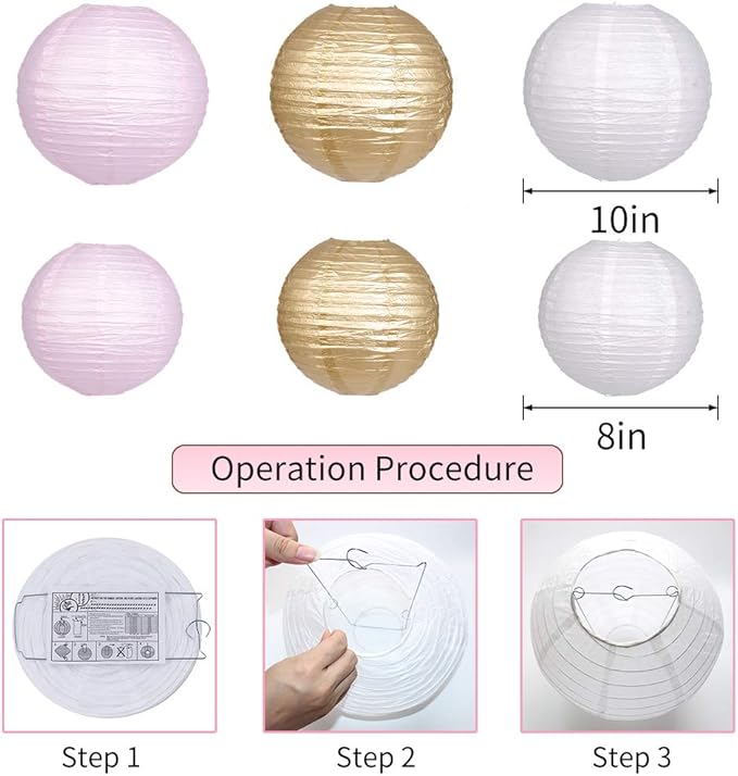 Pink and Gold Party Decorations, Pink Gold Paper Lanterns and Pom
