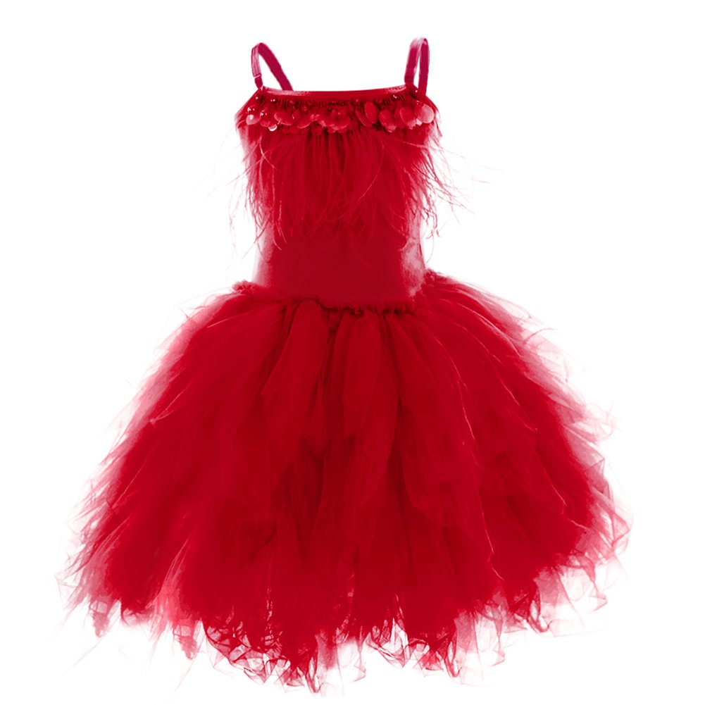 Kids Girls Spaghetti Strap Lace Feather Fringes Tutu Tulle Swan
