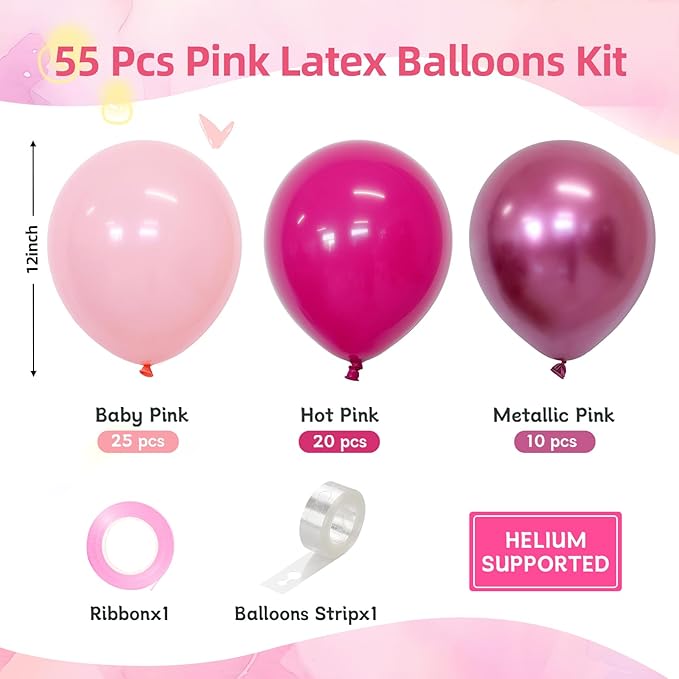 CVPARTON Pink Balloons Set, 55 PCS Metallic Pink Balloons, Baby Pink,