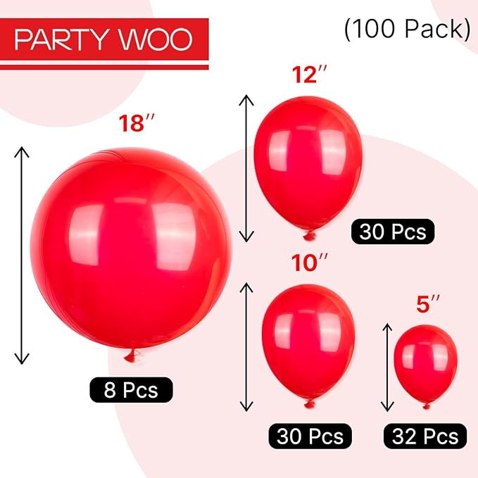 PartyWoo Red Balloons 100 pcs Different Sizes of 18 12 10 5 Inch Red