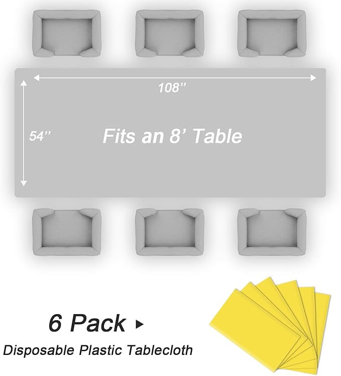QIKSION Yellow Plastic Table Cloth Disposable 6 Pack, 54 x 108 Inch