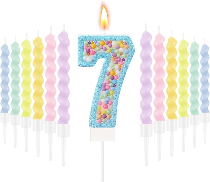 MTLEE Number 7 Birthday Candle Macaron Glitter 3D Number Candle with