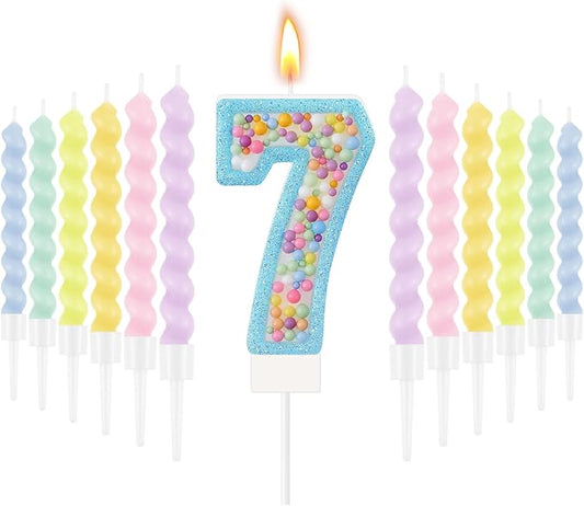 MTLEE Number 7 Birthday Candle Macaron Glitter 3D Number Candle with