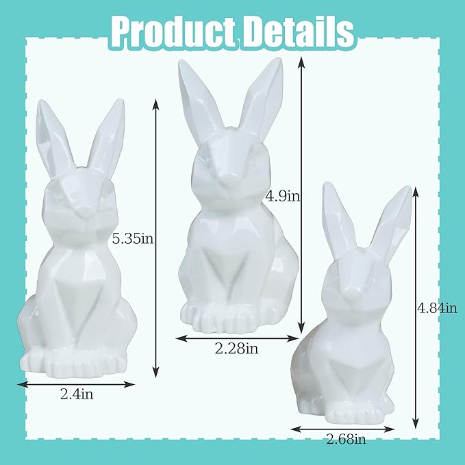 3 Pack Easter Bunny Decorations Ceramic White Rabbit Statues