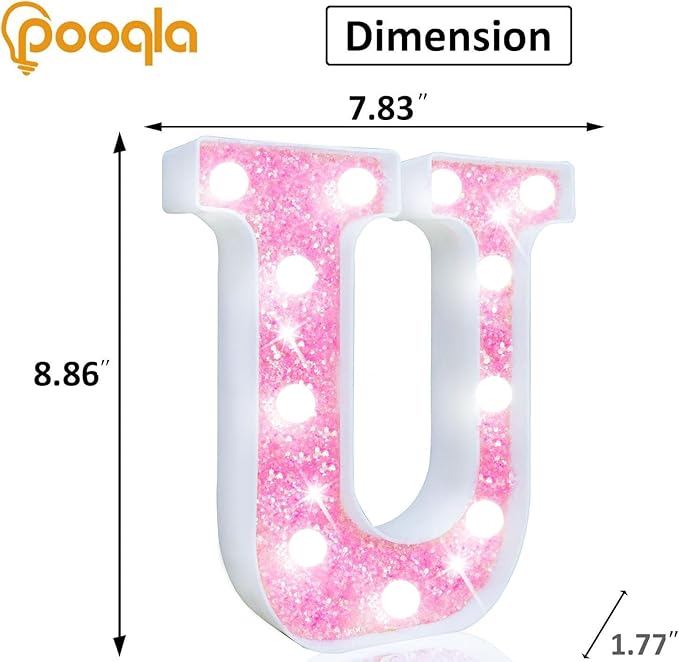 Pooqla LED Marquee Letter Lights, Light Up Pink Letters Glitter Letter