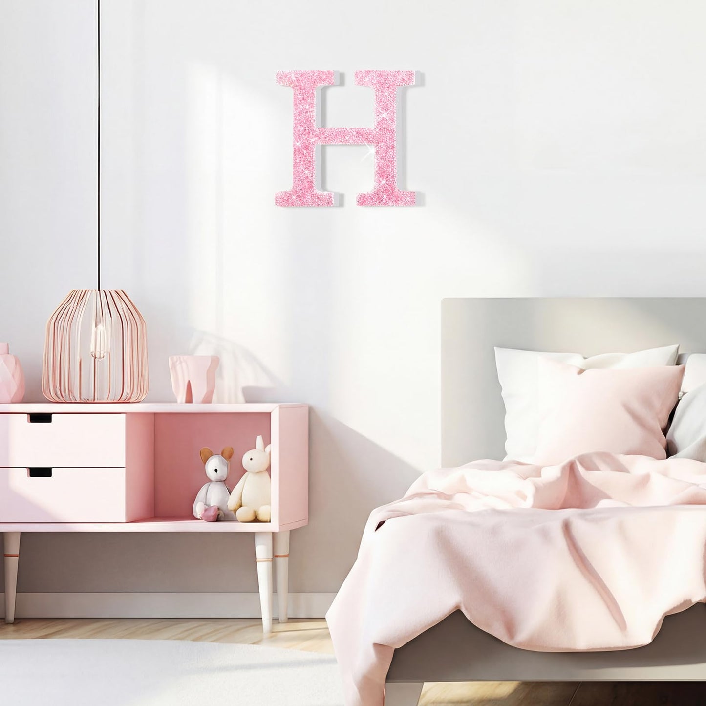 Qunclay Pink Crystal Diamond Letter Wall Decor, Glitter Wooden Bling