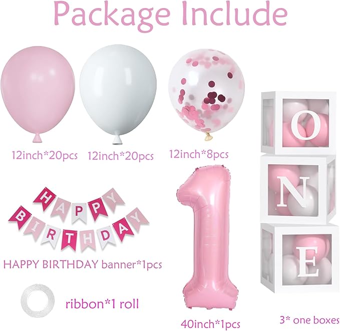 Baby Girl First Birthday Decorations Pastel Pink White Balloons 40