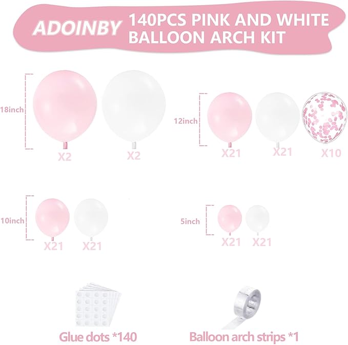 Pink and White Balloon Arch Kit, ADOINBY 140Pcs Macaron Pink Balloon