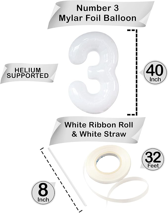 Large, Number 3 Balloon White - 40 Inch | Foil 3 Balloon Number for