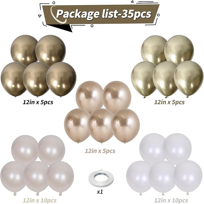 Champagne Gold and White Balloons, 12 Inch Double Stuffed Pearl White