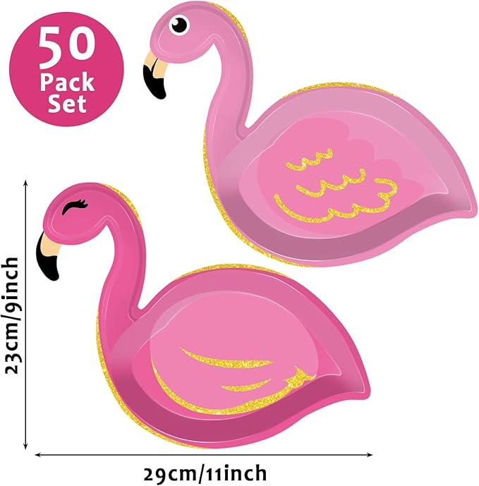 50 Count Hawaiian Luau Party Paper Plates Flamingo Shaped Disposable