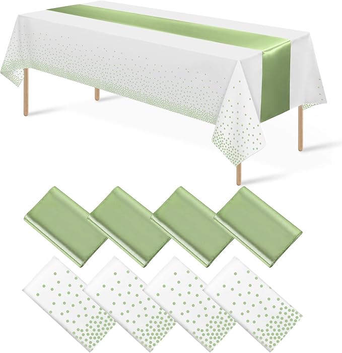 8Pack Plastic Tablecloths and Satin Table Runner Set Disposable White