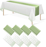 8Pack Plastic Tablecloths and Satin Table Runner Set Disposable White