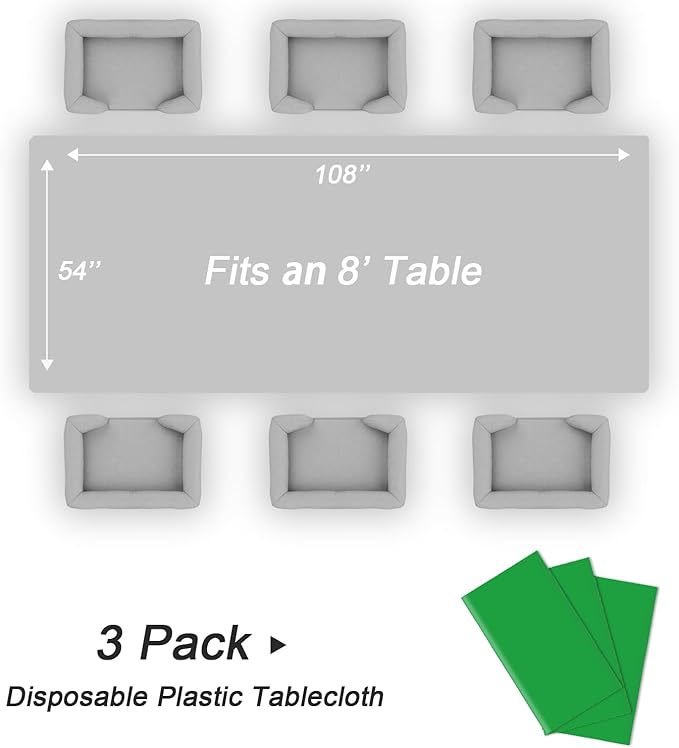 QIKSION Green Plastic Table Cloth Disposable 3 Pack, 54 x 108 Inch