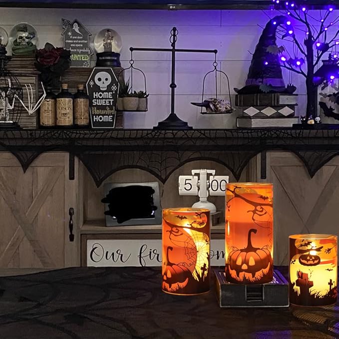 Halloween Flameless Candles with Remote Pumpkin Spider Web Decal and