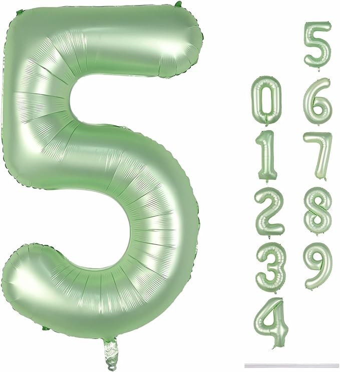 Sage Green 5 Balloons, 40" Giant Helium Foil Number 0-9 Olive Green