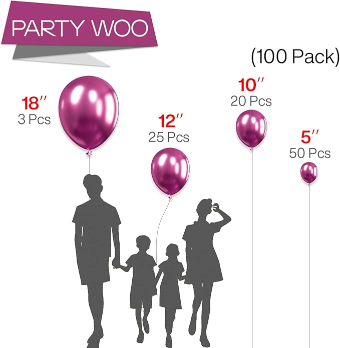 PartyWoo Metallic Hot Pink Balloons 100pcs Different Sizes of 18 12