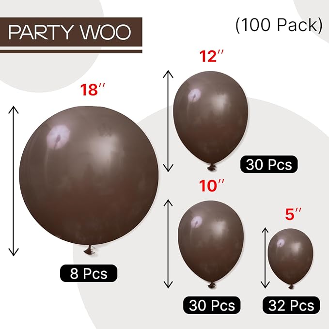 PartyWoo Dark Brown Balloons 100pcs Different Sizes of 18 12 10 5