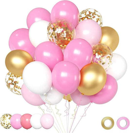 Pink and Gold Balloons Set, 50pcs 12 inch Pink White Gold Latex