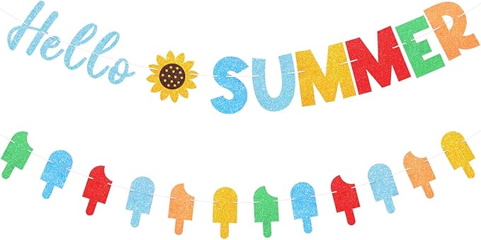 Hello Summer Banner Colorful Glitter Hello Summer Ice Cream Garland