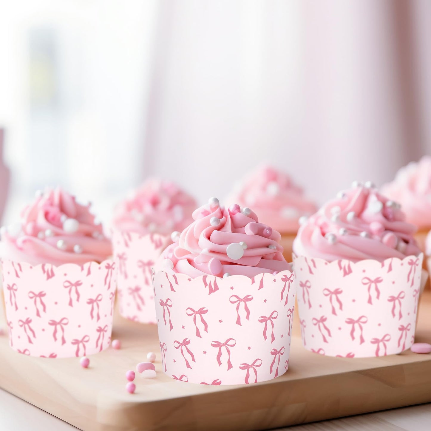 JarThenaAMCS 100Pcs Pink Bow Paper Baking Cups Bowknot Cupcake