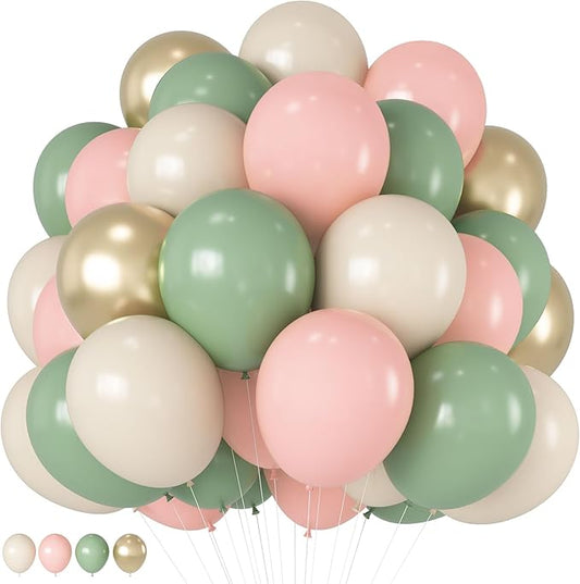 HILAVO Sage Green Pink Balloons 12 Inch Olive Green Pastel Pink Ivory