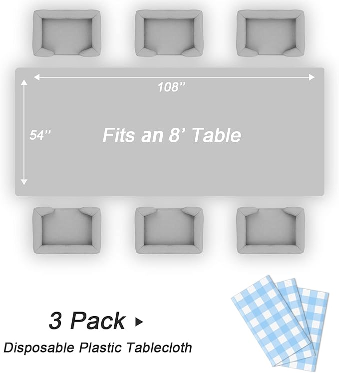 QIKSION Light Blue Gingham Tablecloth Disposable 3 Pack, 54 x 108