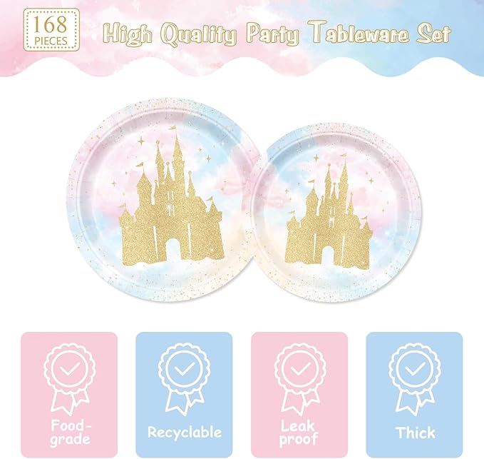 168pcs Princess Party Decorations Castle Paper Plates Napkins