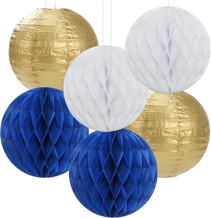 Navy-Blue White Gold Party Decorations - 14pcs Kits Paper Lanterns