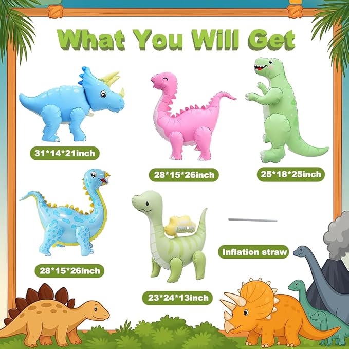 5 Pack Self Standing 3D Dinosaur Balloons Pastel Foil Balloons