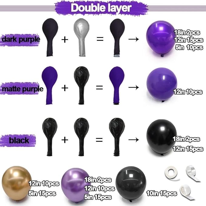 Purple Black Gold Balloon Garland Double Stuffed Dark Purple Black