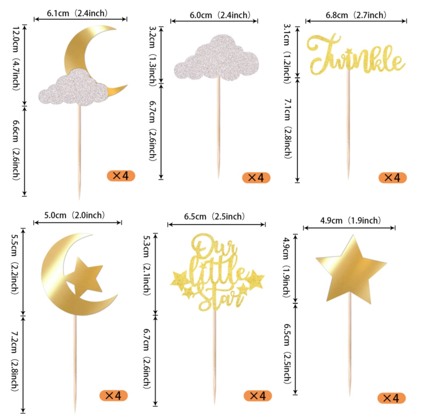 24 Pack Little Star Cupcake Toppers Glitter Moon Cloud Cupcake Pi Gold