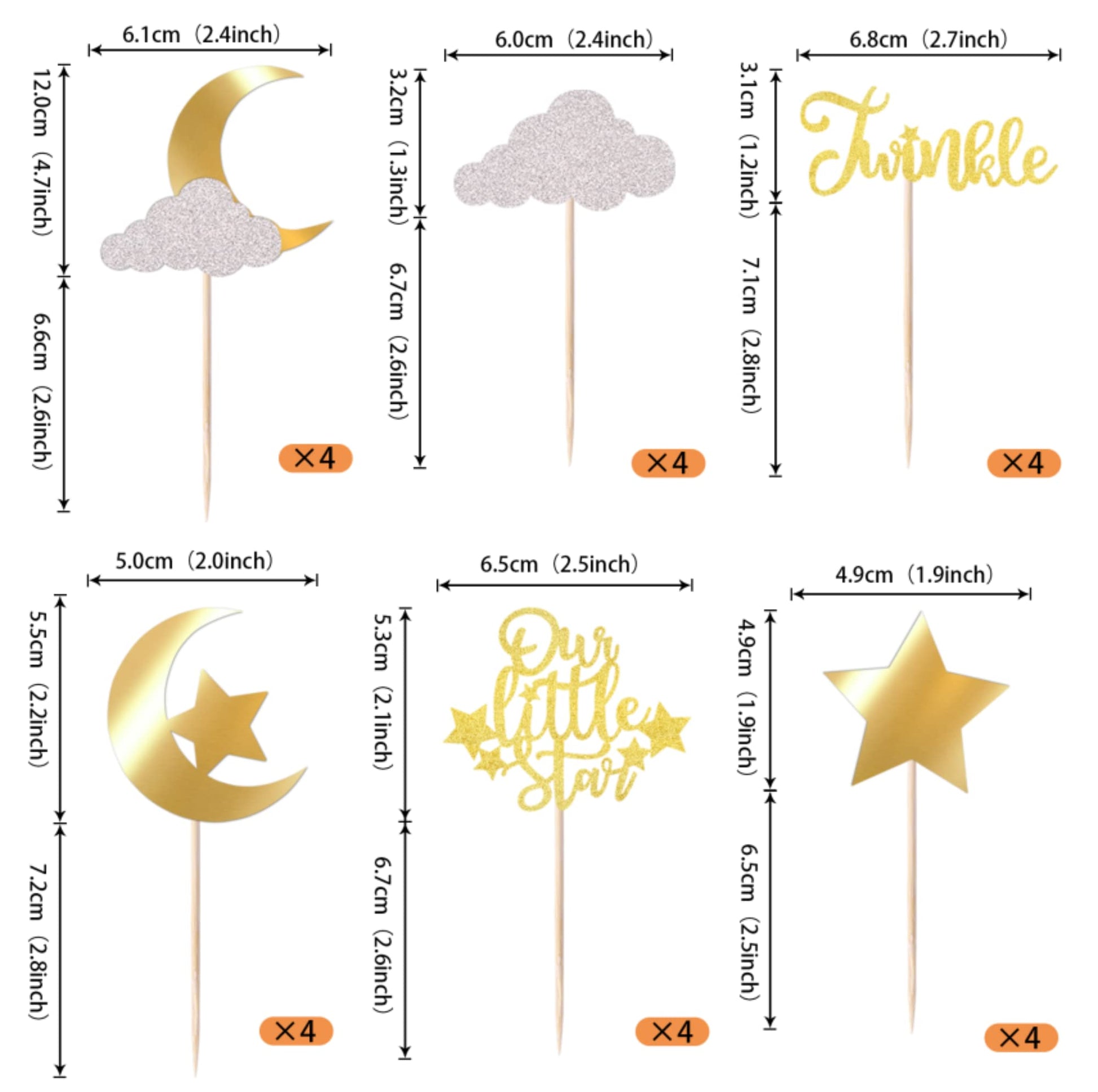 24 Pack Little Star Cupcake Toppers Glitter Moon Cloud Cupcake Pi Gold