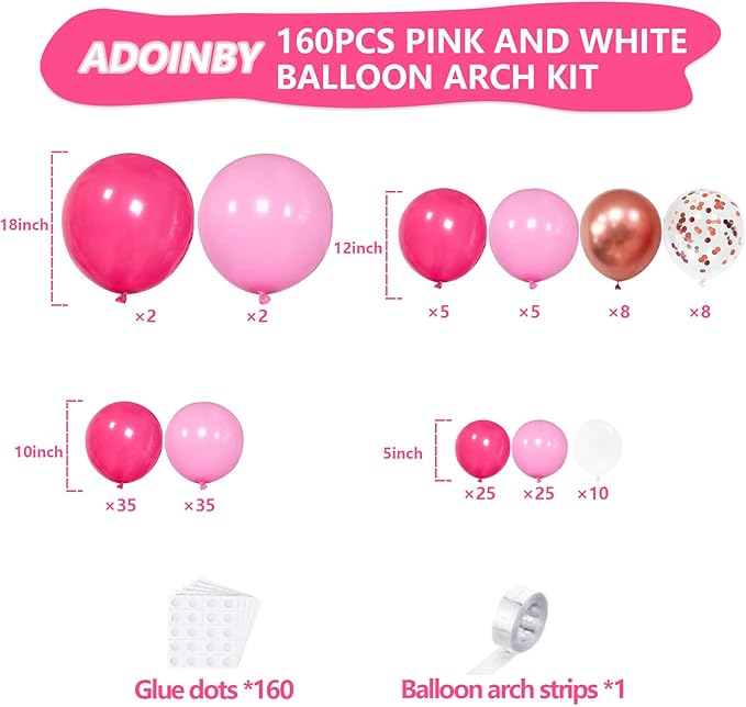Pink Balloons Arch Kit, 160Pcs Hot Pink Balloon Garland Kit Metallic