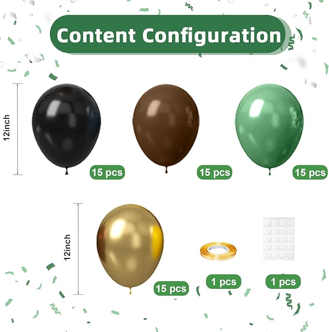 Black Green Bronw Balloons, 60pcs 12Inch Black and Green Bronw Gold