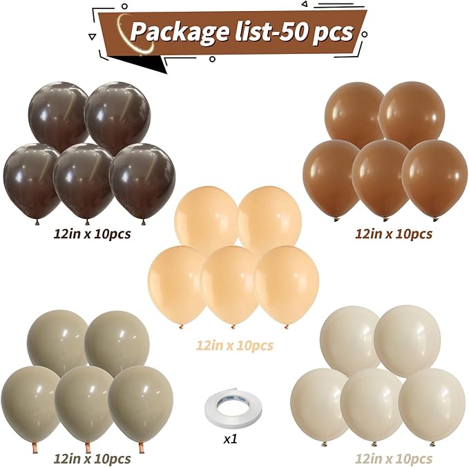 Brown Balloons, 50 PCS 12 Inch Double Stuffed Dark Light Brown Coffee