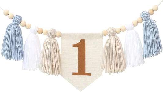 Boho Blue Handmade 1st Birthday High Chair Banner First Highchair