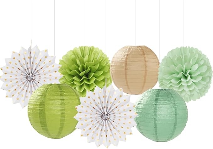 Olive Sage Green Boho Party Decorations Streamers Lanterns 14pcs
