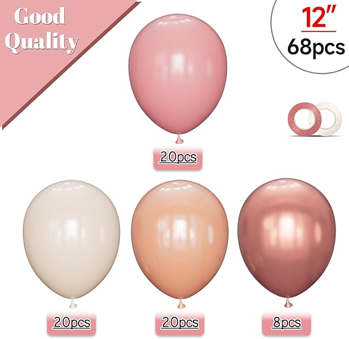 68 Pcs Retro Pink Nude Party Balloons 12Inch Dusty Pink Metallic Rose
