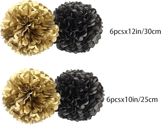 Black Gold Paper Pom Poms for Wedding Birthday Black Gold Party