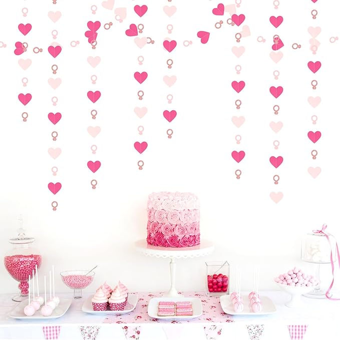 Hot-Pink Rose Gold Heart-Ring Garland - 52Ft Engagement Bachelorette