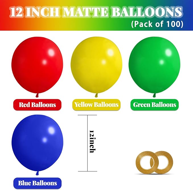 Red Blue Green Yellow Balloons 100 Pack 12 Inch Matte Blue Yellow Red
