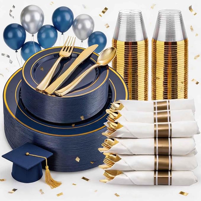 WDF Partyware 175PCS Blue and Gold Plastic Plates - Navy Blue Plates